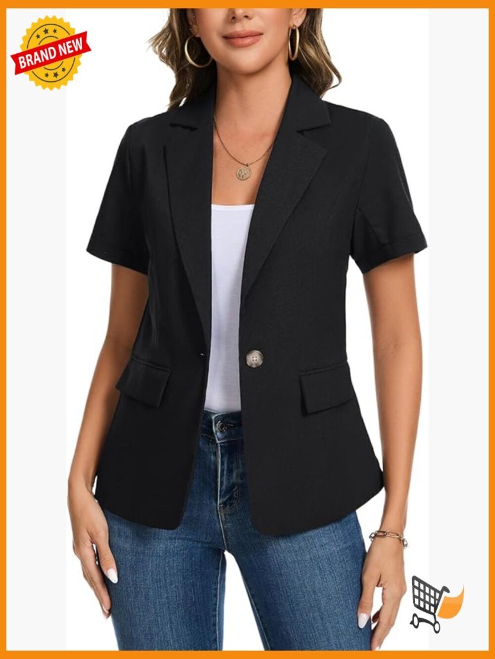 Women's Linen Blazer Jacket Short Sleeve Summer Casual Lightweight Button Lapel